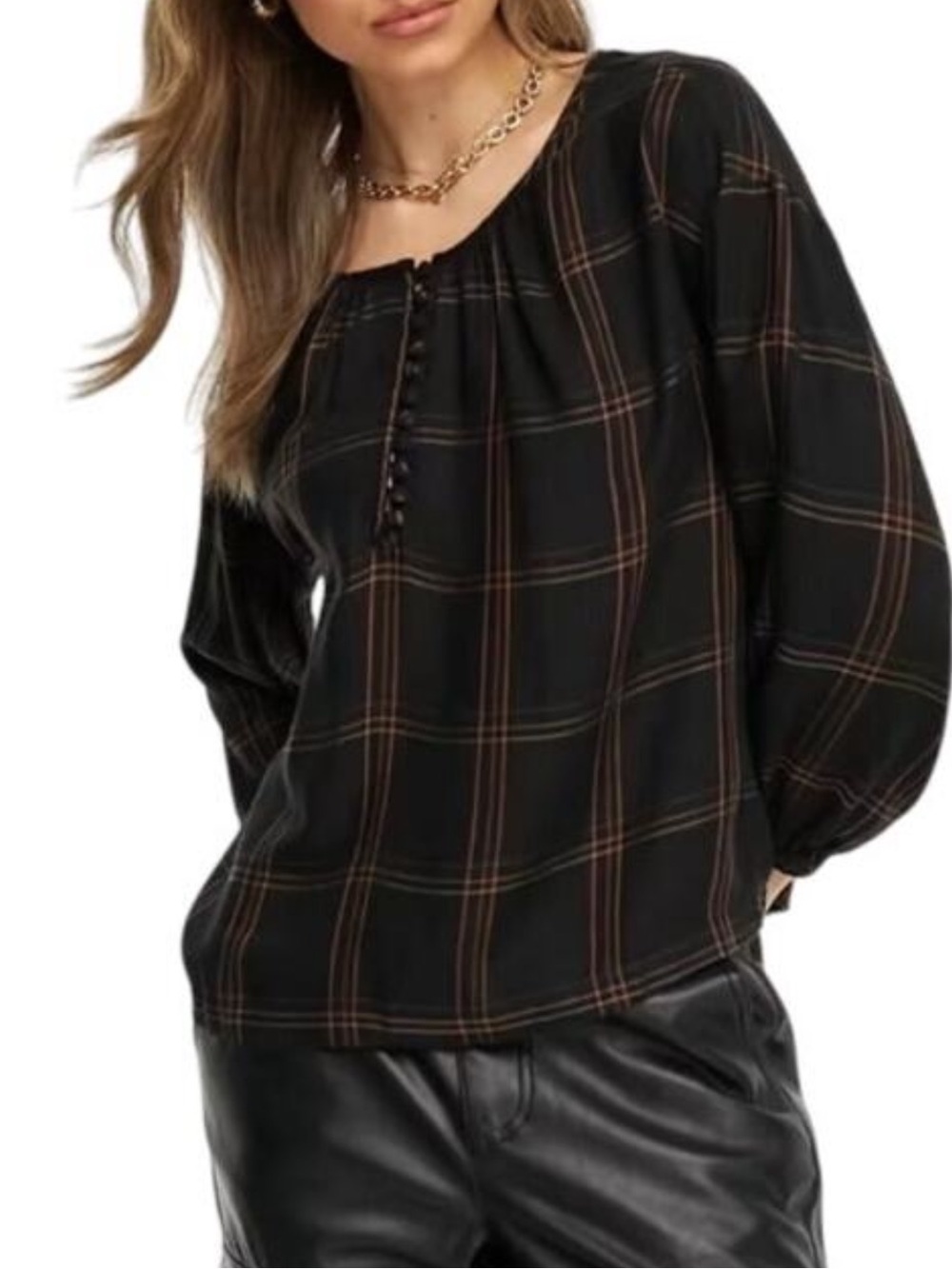 Madewell Black Plaid Button-Front Balloon-Sleeve Oversized Blouse